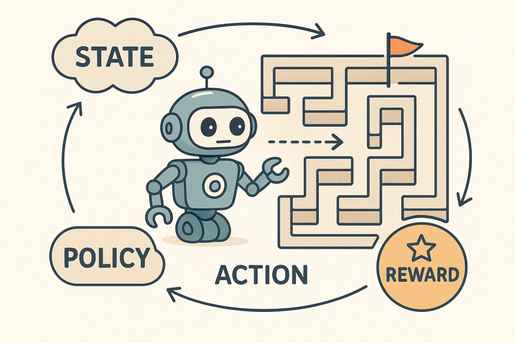 An illustration depicting an agent interacting with an environment in a loop of states, actions, and rewards, symbolizing reinforcement learning.