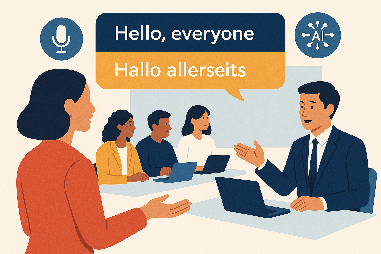 Create an editorial, flat, tasteful illustration (no text) that visually represents: Live Translation and Real-Time AI Tools for Meetings and Events
Recent tests by JotMe evaluated tools like Wordly AI, JotMe, Interprefy, Maestra AI, Kudo, Talo, and DeepL Voice. These tools vary in language support, integration with conferencing platforms, and pricing models.
JotMe: Reliable Contextual Live Translation

Languages: 77+
Features: Live transcription, contextual tone preservation, Chrome extension.
Pricing: Free plan with 20 minutes live translation; paid tiers up to $15/month.
Quote: JotMe testing report calls it the most reliable live AI translator.

Wordly AI and Interprefy: Hybrid Human-AI Solutions

Combine AI captions with human interpreters.
Support virtual summits and large-scale events.
Setup complexity and pricing transparency are concerns.

Talo and DeepL Voice: Enterprise-Grade Real-Time Translation

Talo: AI bot for multi-speaker translation, SOC 2 and ISO 27001 compliant.
DeepL Voice: Microsoft Teams integration, simultaneous transcription.
Both have limited language support and platform exclusivity.