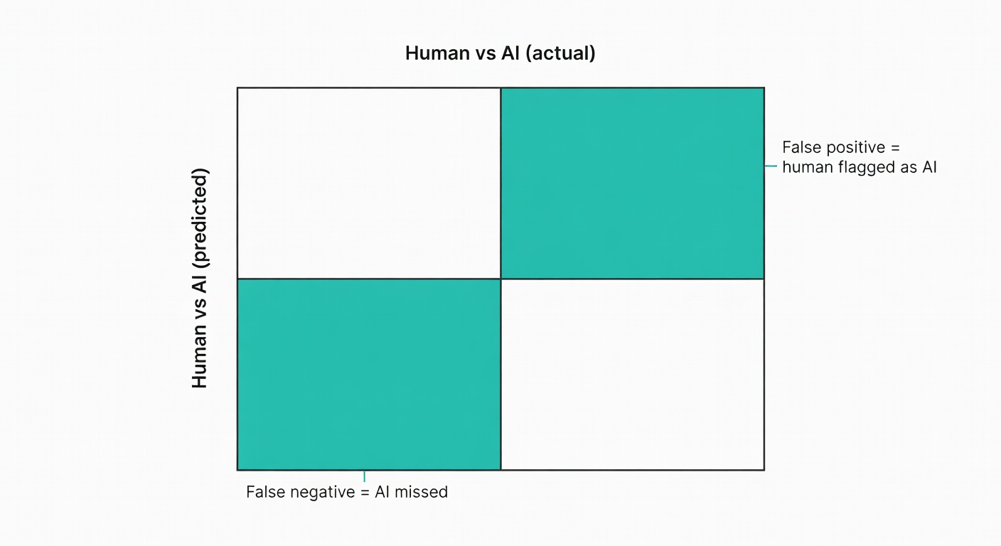 A confusion matrix that makes it painfully obvious where detectors hurt people: false positives and false negatives, not some vague overall accuracy number.