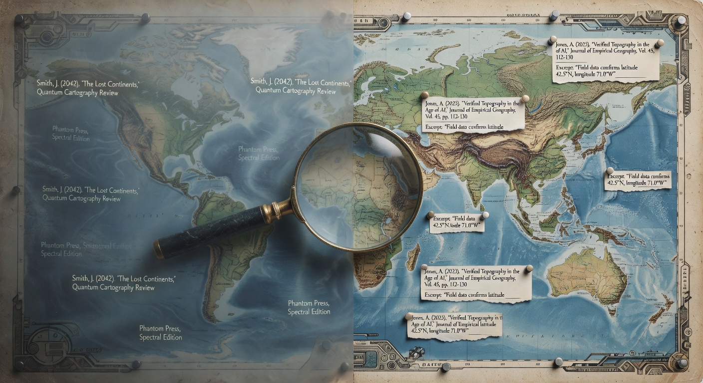 A split image contrasting foggy, made-up citations with a clear, source-pinned research view connected by a magnifying glass.