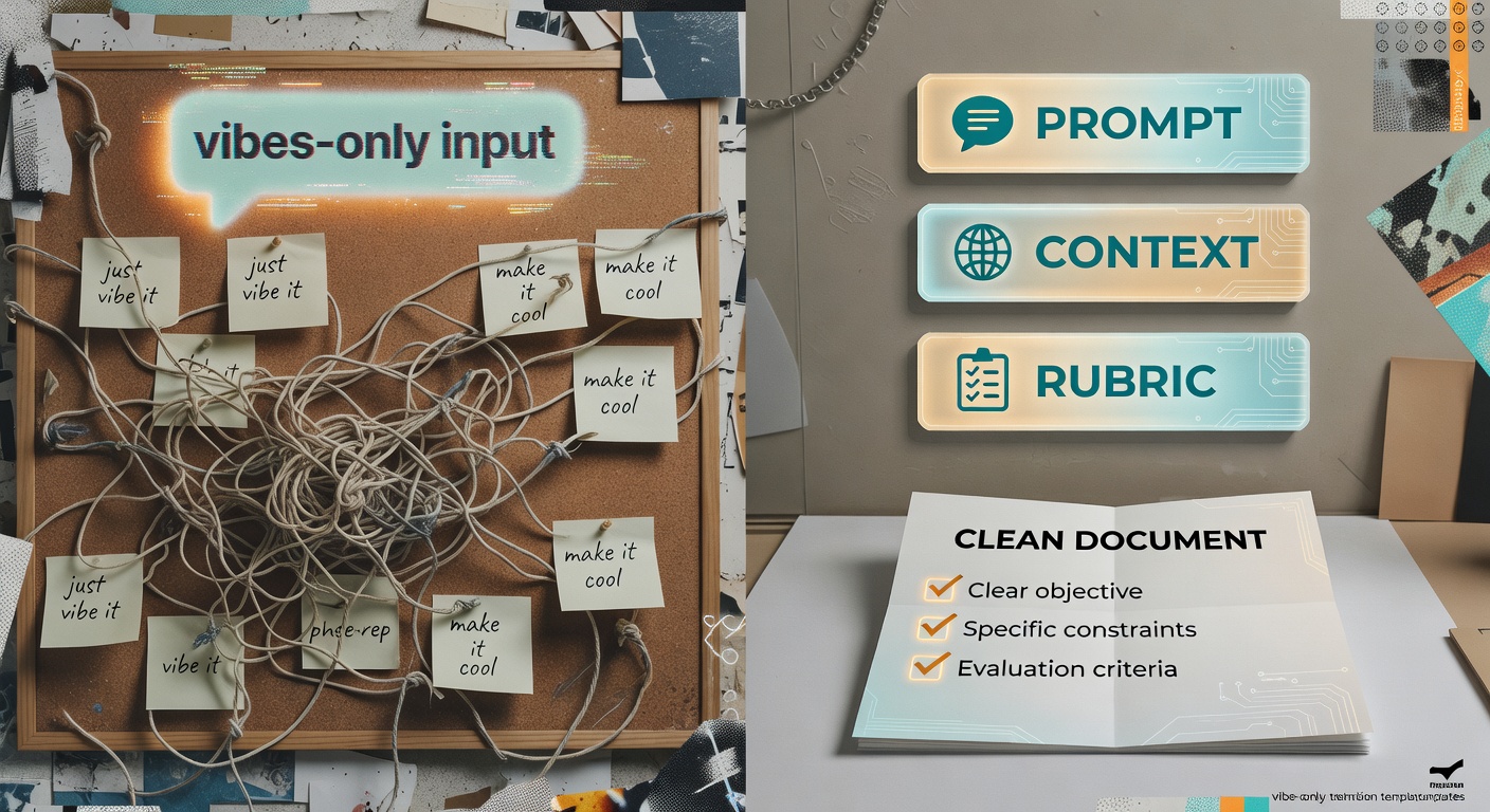 A before-and-after showing why “prompt + context + rubric” beats vague prompting—structured inputs produce cleaner, more reliable outputs.