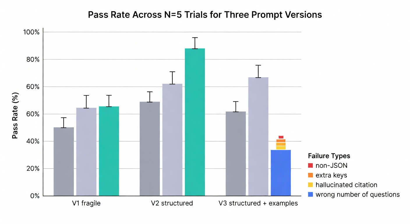 Bar chart comparing prompt versions by pass rate over five trials, with structured prompts performing better.