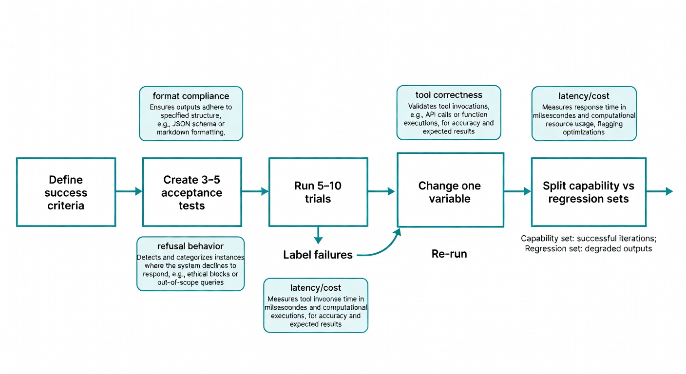 Flowchart showing a repeatable prompt iteration loop with tests, trials, failure labeling, and controlled changes.