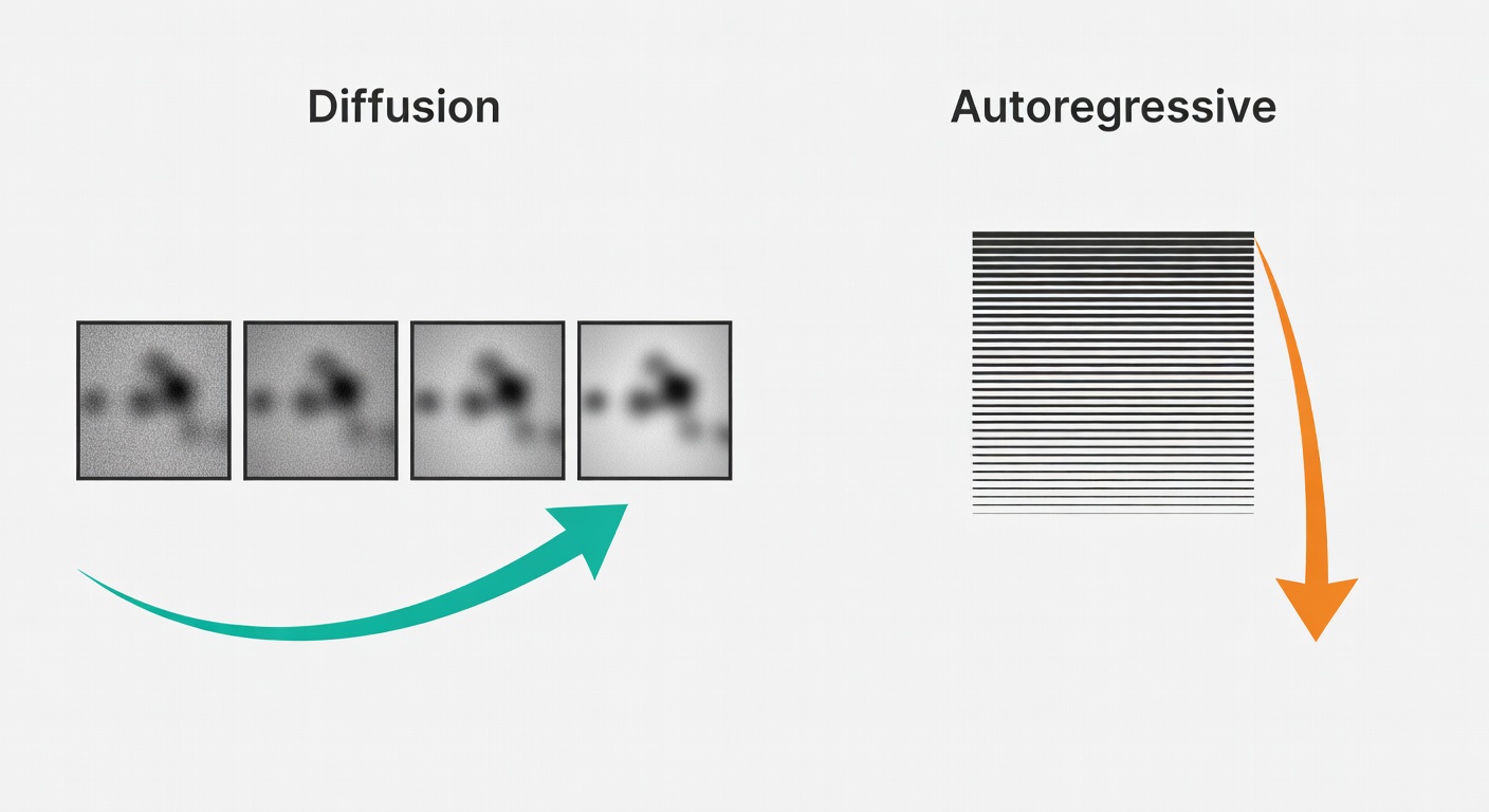 Side-by-side diagram contrasting diffusion’s iterative refinement with autoregressive generation building an image step-by-step—hinting at why throughput can differ.