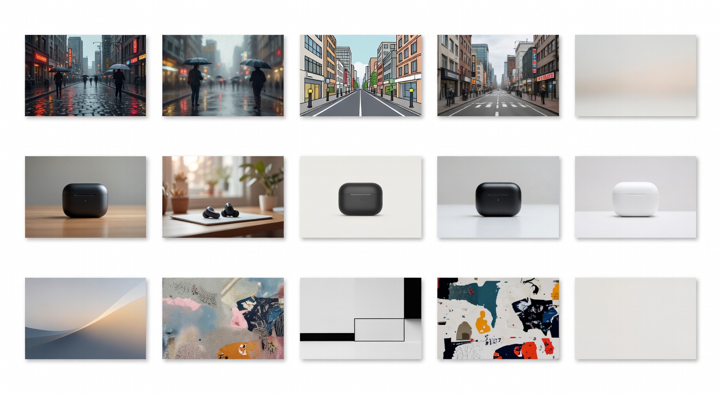 Side-by-side collage showing five different AI-style outputs for three prompt scenarios.