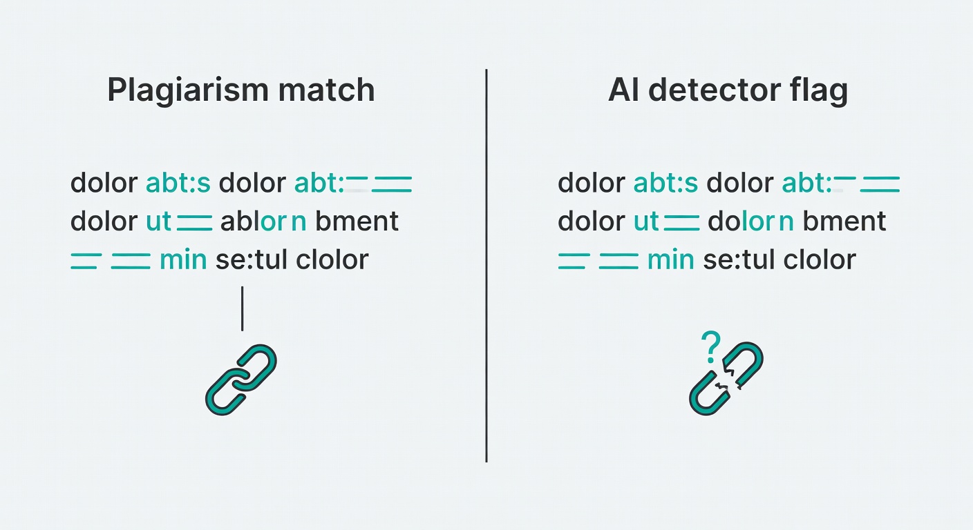 Side-by-side: plagiarism tools can show receipts; AI detectors mostly gesture at a hunch and ask you to trust the vibe.