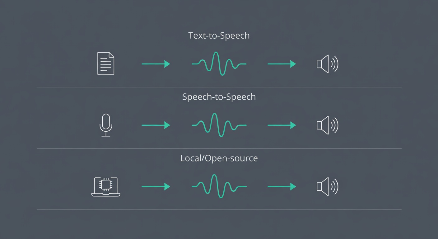 Three-lane workflow diagram showing inputs, processing steps, and outputs for TTS voice cloning, speech-to-speech conversion, and local open-source voice cloning.