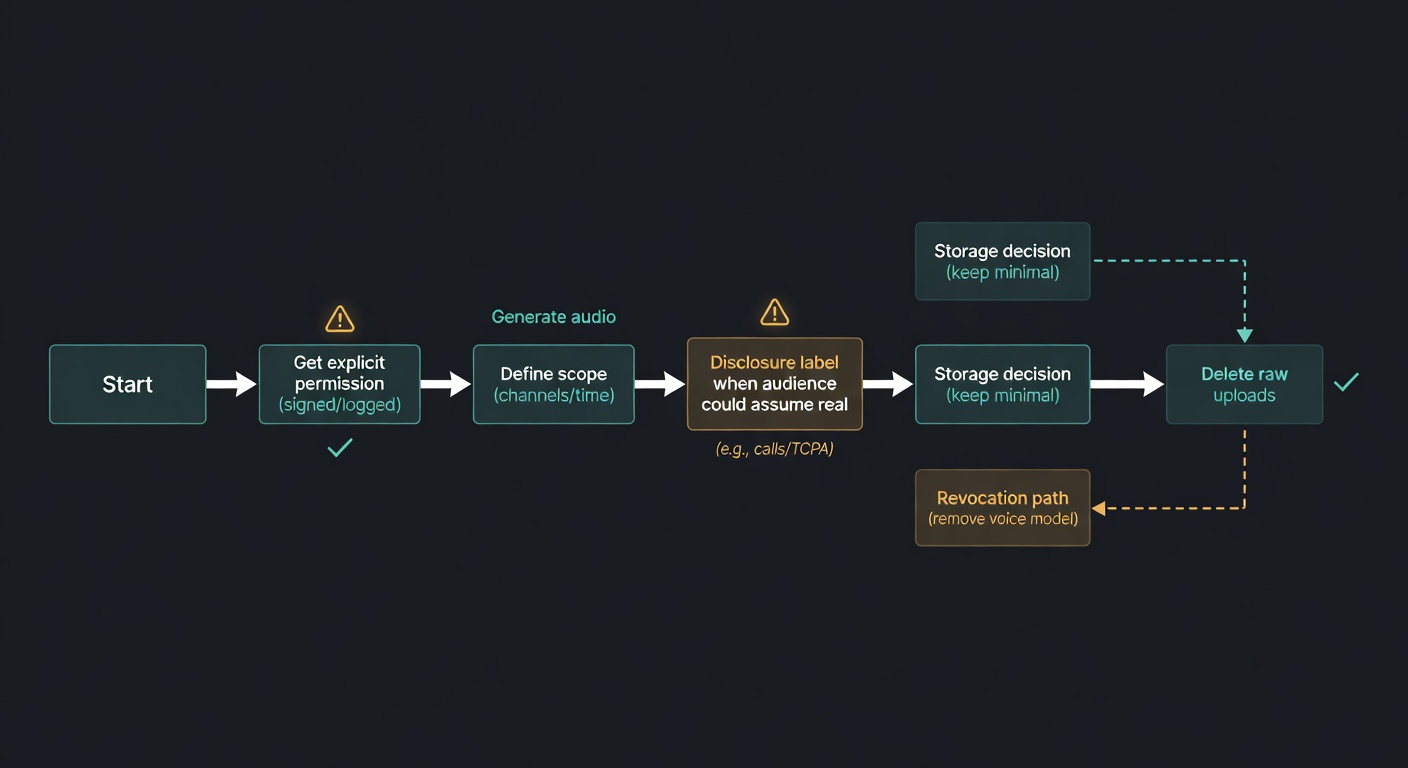 Flowchart showing a consent workflow: obtain explicit permission, define scope, log approval, restrict access, and delete data on request.