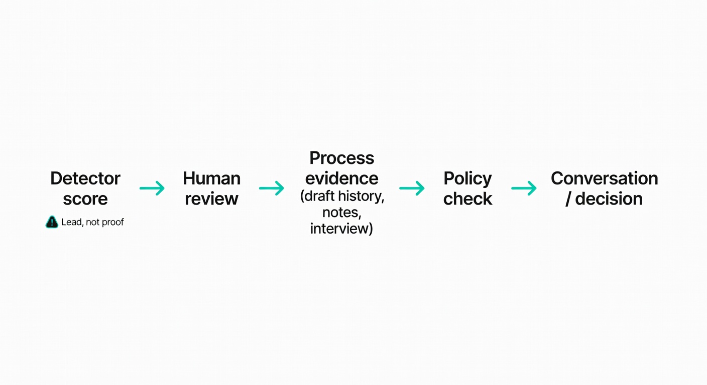 A sane workflow diagram: detector score first, then actual evidence—because treating a probability as a verdict is how trust gets wrecked.