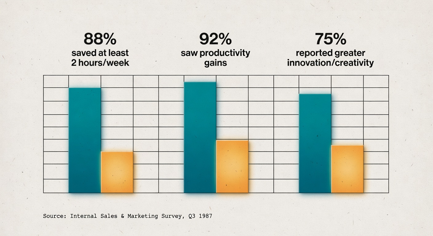 A bar chart summarizing reported ChatGPT business outcomes: time saved, productivity gains, and increased innovation—useful, but not magic.
