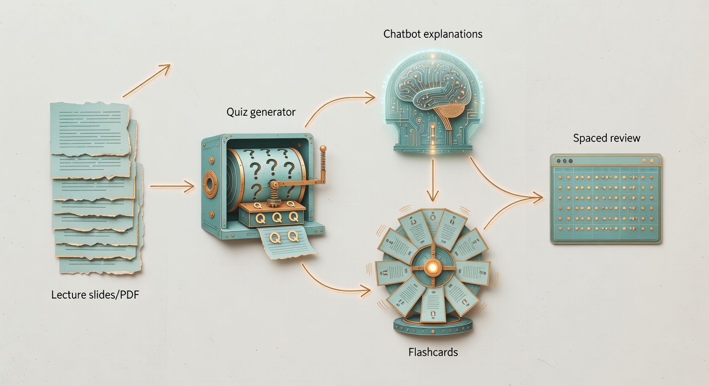 A diagram showing slides turning into quizzes, missed questions becoming flashcards, and a chatbot used for explanations before spaced review.