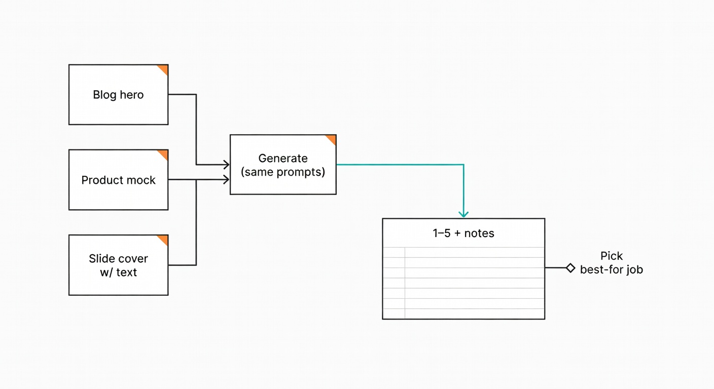 A simple flowchart showing the article’s repeatable method: run the same three prompts, score results 1–5, then choose the best tool for the job.