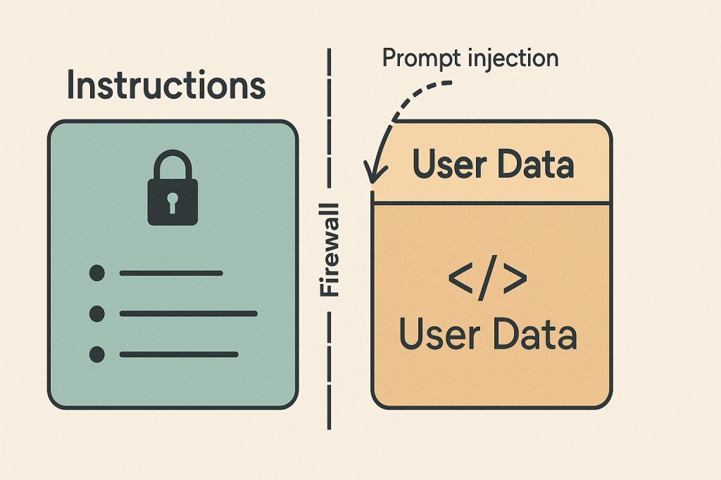 Two-lane diagram separating Instructions from User Data, with an injection attempt blocked at the boundary.