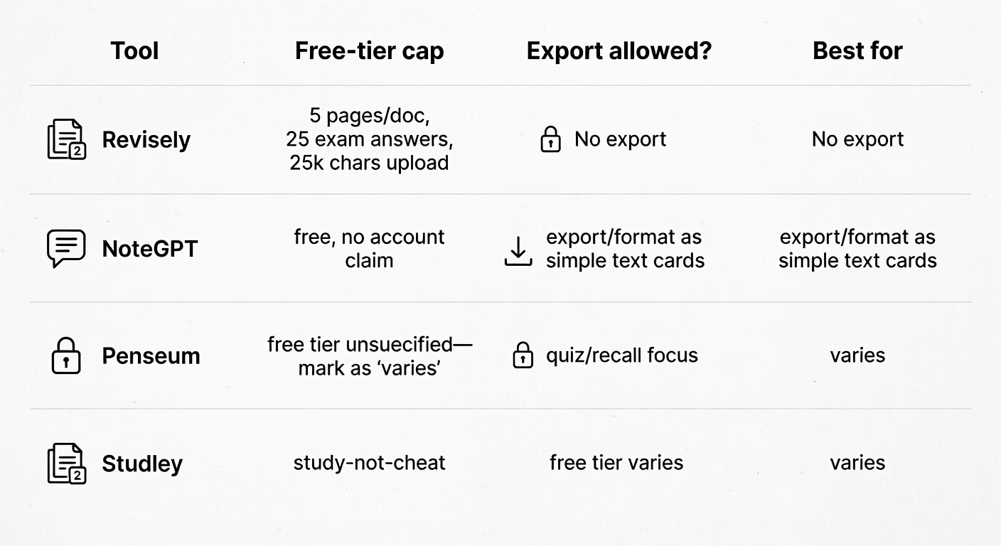 A simple comparison table showing free-tier limits and export lock-ins across a few student AI study tools.