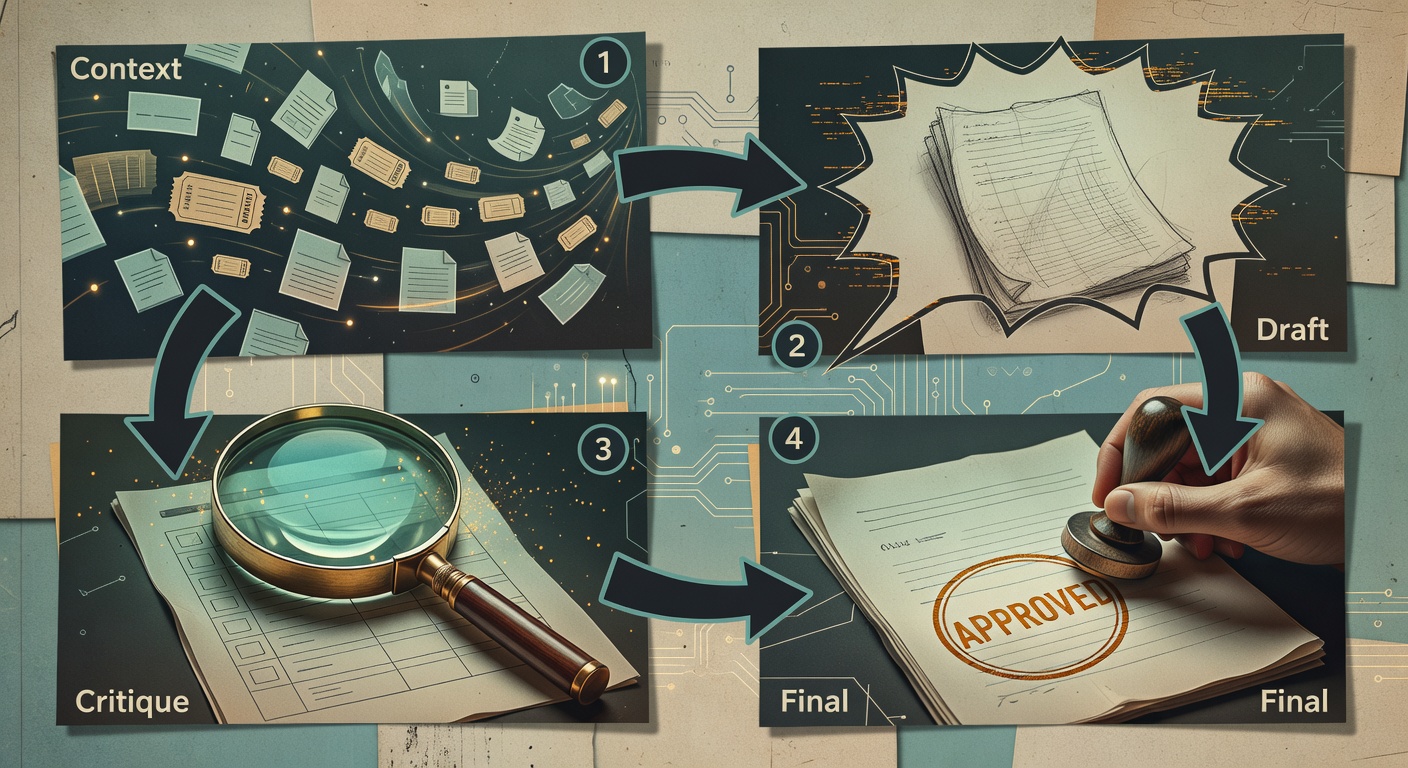A four-step workflow showing how to scale ChatGPT use: feed context, generate a draft, run a critique pass, then publish a human-approved final.