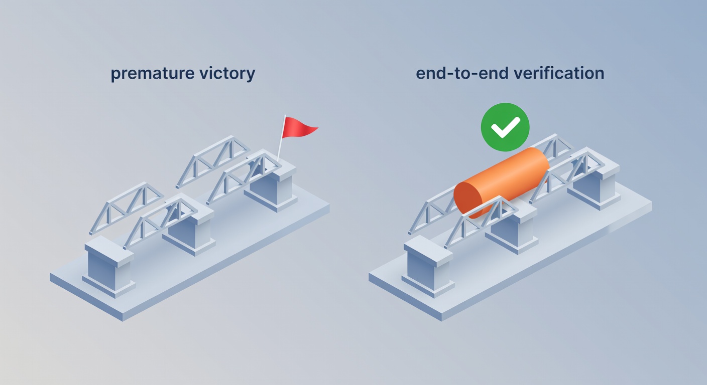 Two isometric bridges: one half-built with a victory flag planted early, and one fully tested with a weight block rolling across and a green approval mark.