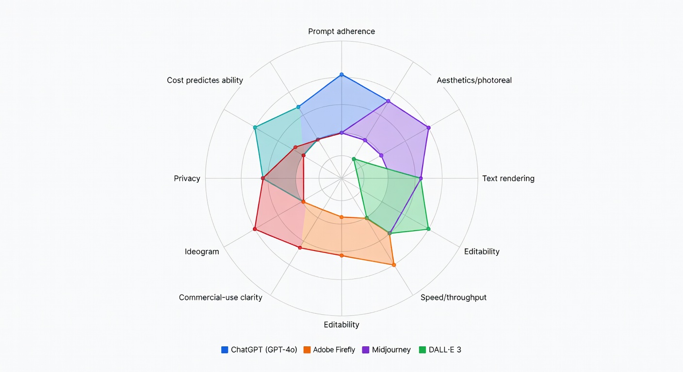 Radar chart showing how six popular AI image generators stack up across eight criteria like speed, text rendering, and licensing clarity.