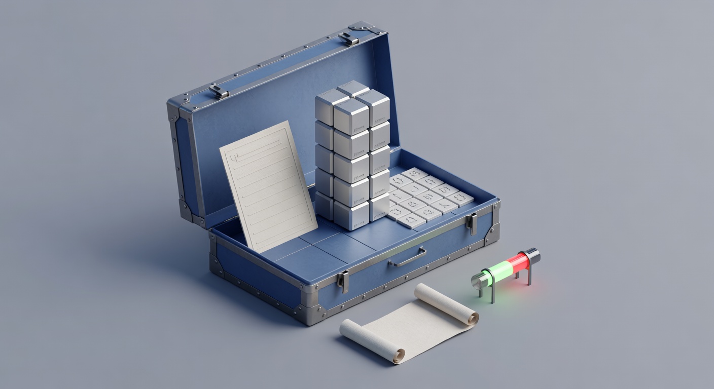 A cutaway crate of durable artifacts—checklist, commit blocks, JSON tiles, and a progress scroll—next to a simple smoke-test indicator.