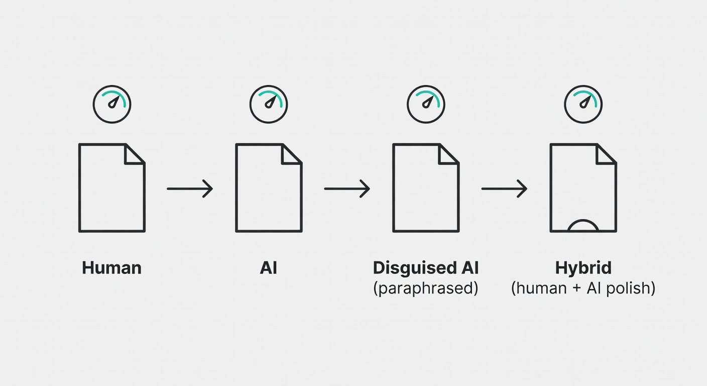 A little pipeline showing the detector’s comfort zone: it’s happiest with pure human or pure AI—and gets weird fast with paraphrasing and hybrid writing.