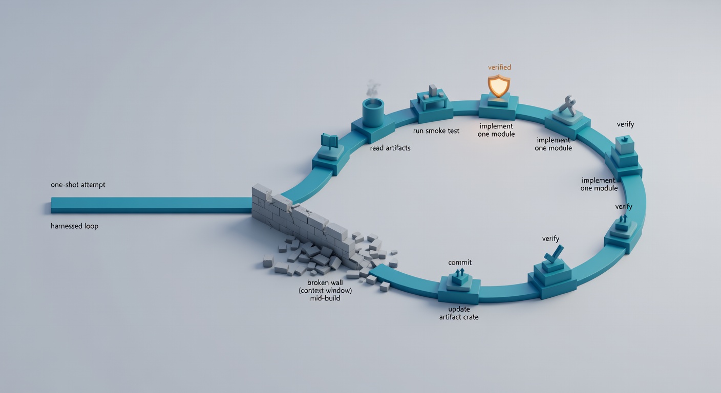 A side-by-side isometric diagram contrasting a messy one-shot build that crashes into a wall versus a repeatable harness loop that ships one verified module at a time.