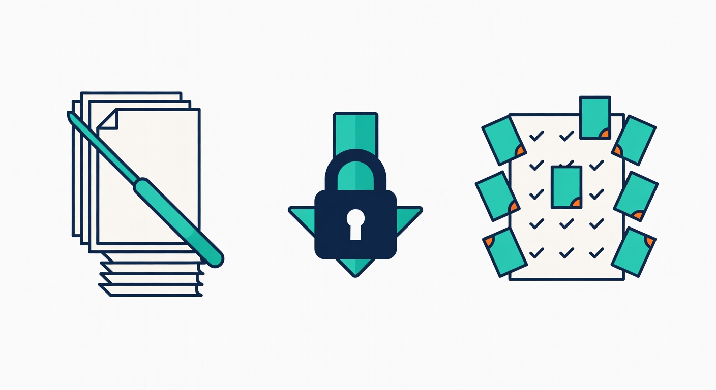 Three-panel illustration of page limits, export lock-in, and quiz-to-flashcard workflow.