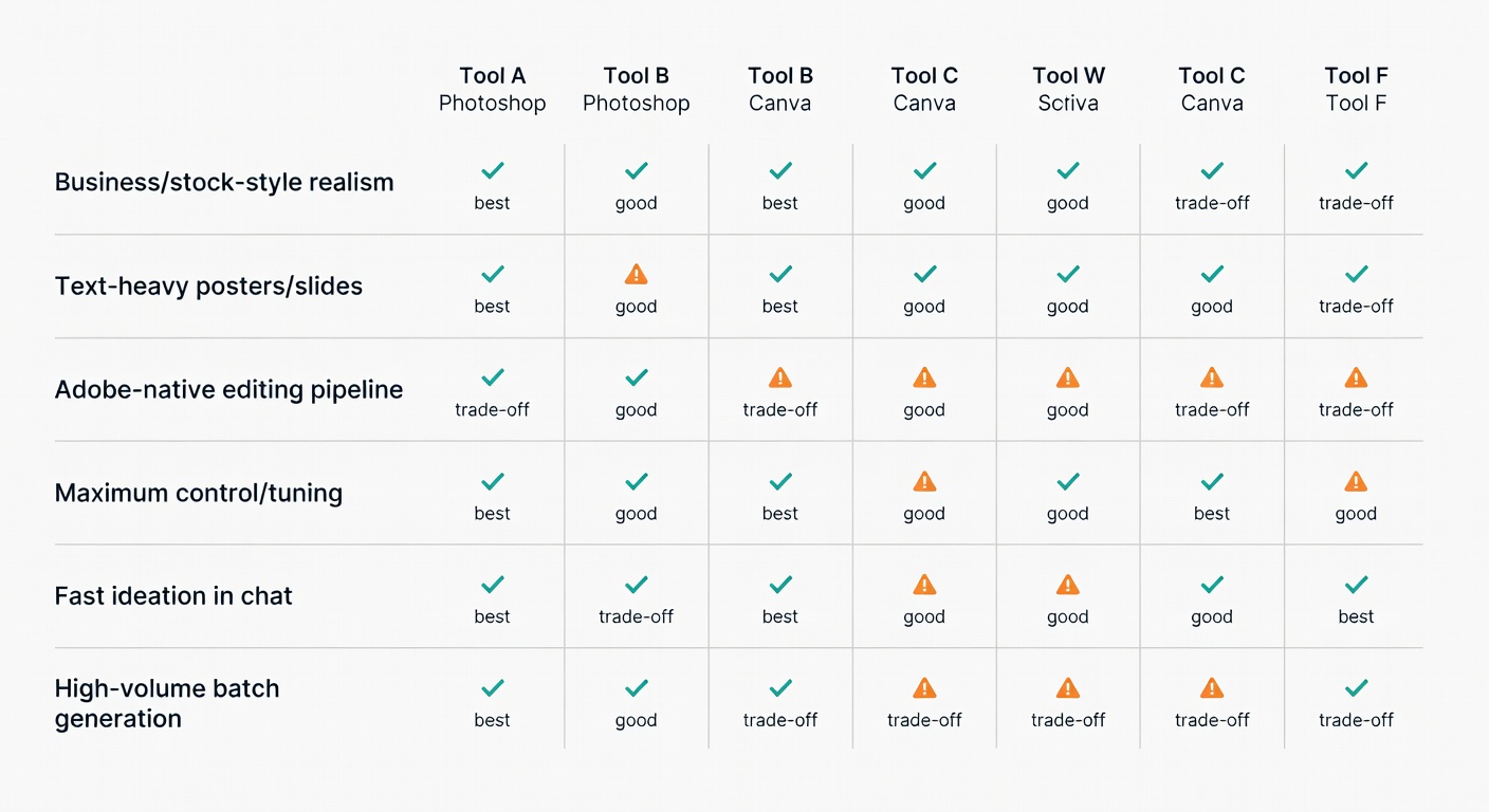 A job-to-tool matrix mapping real workflows—like text-heavy slides or Adobe pipelines—to the generators that fit best.